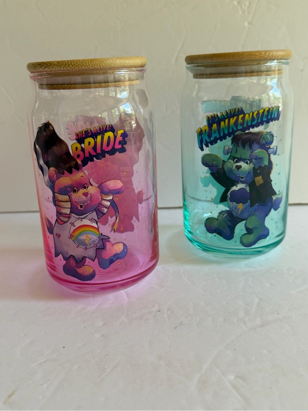 Care Bears Universal Monsters Glass Tumbler Set Bamboo Lids Halloween No Straws